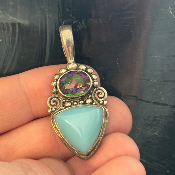 Sterling Silver 925 Mystic Topaz & Blue Chalcedony Pendant – Boho Stateme - Picture 5 of 5